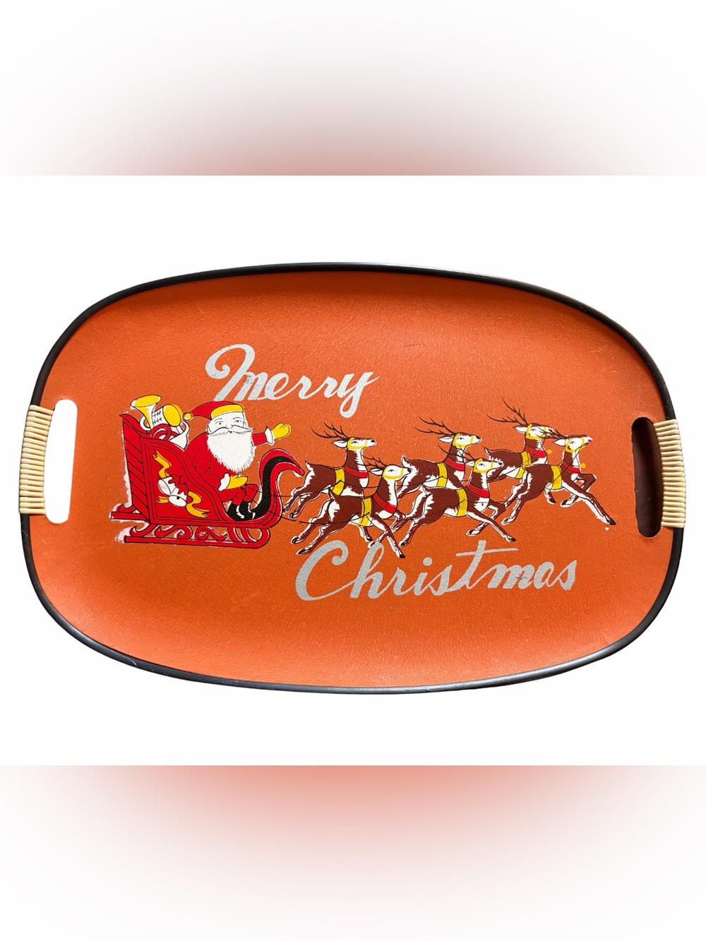 Vintage Mid-Century Orange Merry Christmas 18” Fiberboard Serving Tray